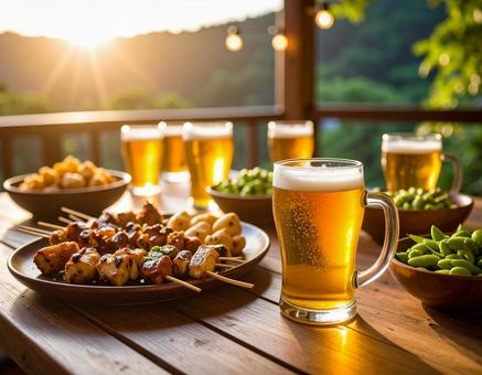 定番おつまみと冷えたビール 定番おつまみと冷えたビールの写真