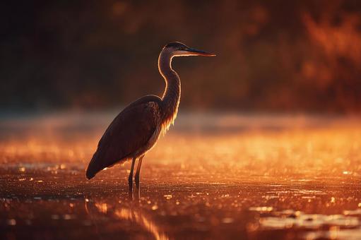 夕焼けに佇むアオサギのシルエット 夕焼けに佇むアオサギのシルエットの写真