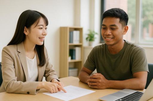 外国人留学生と大学職員の相談シーン 外国人留学生と大学職員の相談シーンの写真