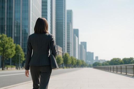 都会のビル街を颯爽と歩くスーツ姿の女性 都会のビル街を颯爽と歩くスーツ姿の女性の写真