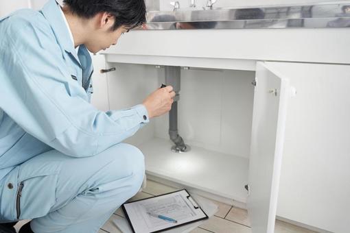 Japanese male worker checking around the water, room, equipment, bathroom, JPG