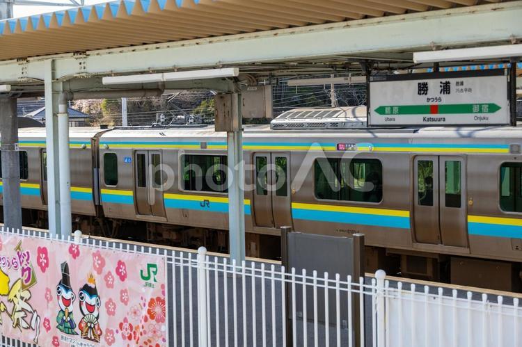 JR勝浦駅駅標と外房線車両E131系 鉄道,車両,電車の写真素材