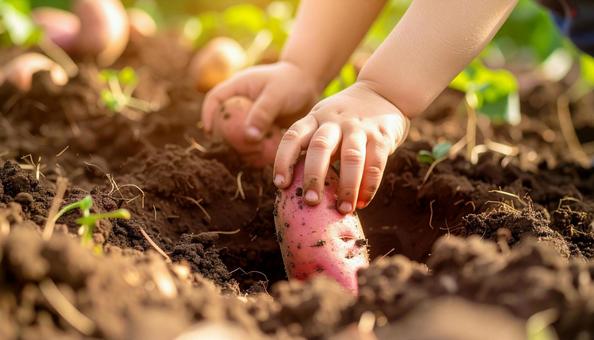 サツマイモ掘りをする子供の手 顔無し サツマイモ掘りをする子供の手 顔無しの写真