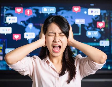 SNS疲れに悩む現代の若者 SNS疲れに悩む現代の若者の写真