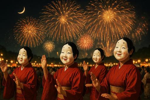 女性4人組が花火をバックに踊る風景 女性4人組が花火をバックに踊る風景の写真