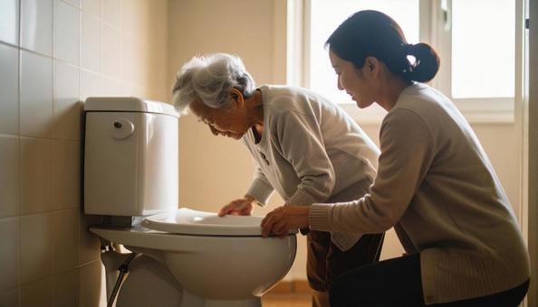 高齢女性のトイレの介助をしている家族 高齢女性のトイレの介助をしている家族の写真