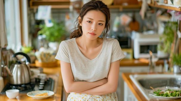 腹痛を感じる若い女性 腹痛を感じる若い女性の写真