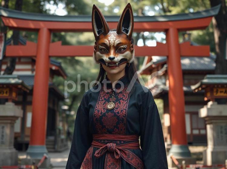 女性 狐のお面,狐の面,神社の写真素材