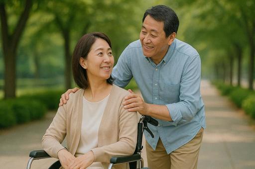 車椅子の女性と介助する男性の写真