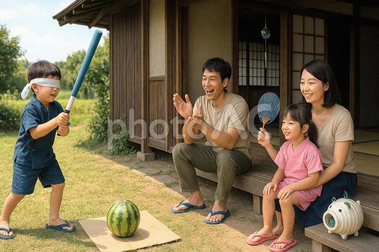夏休みの風景　スイカ割り ai生成,スイカ割り,家族の写真素材
