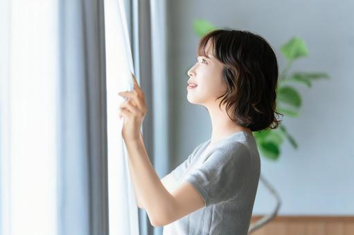 Photo, female, morning, curtain, 