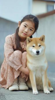 柴犬と少女 柴犬と少女の写真