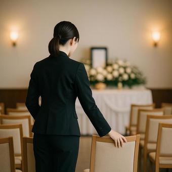 式場準備を進めるスタッフの後ろ姿 式場準備を進めるスタッフの後ろ姿の写真