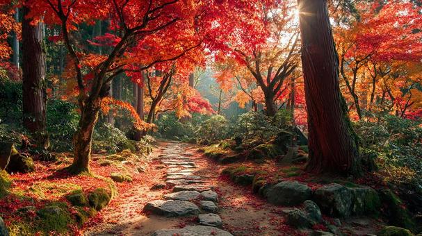 落ち葉が敷かれた石段と小道 落ち葉が敷かれた石段と小道の写真