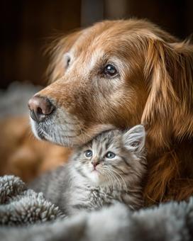 寄り添う猫と犬 寄り添う猫と犬の写真
