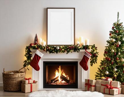 クリスマスの部屋と暖炉、モックアップの写真