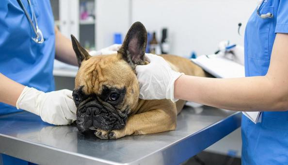 獣医と診察される犬 獣医と診察される犬の写真