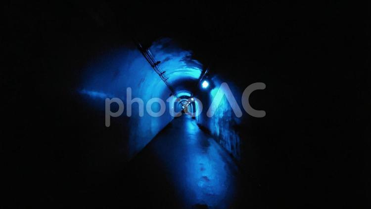 暗いトンネル内　青街灯 トンネル,暗い,街灯の写真素材