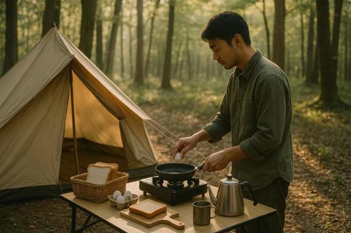 キャンプ場で朝食を準備する男性 キャンプ場で朝食を準備する男性の写真