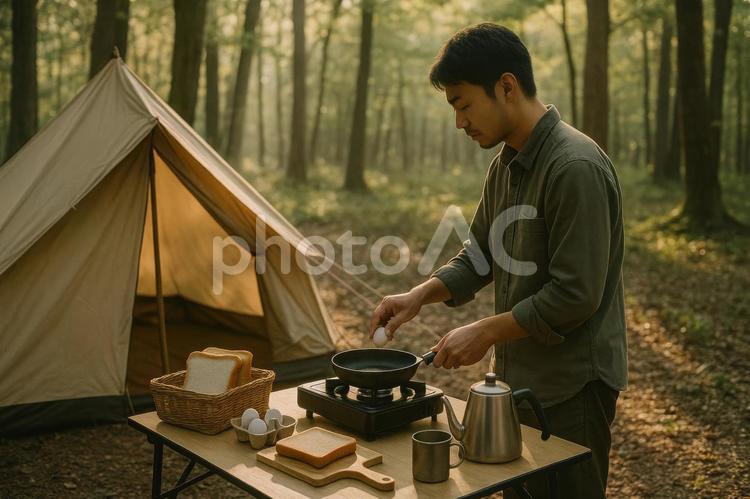 キャンプ場で朝食を準備する男性 キャンプ,朝食,男性の写真素材
