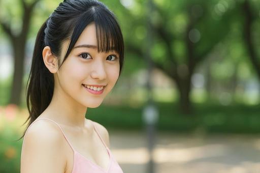 夏の公園で笑顔を見せる若い女性の写真