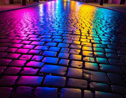 Cobblestones at night illuminated with light and fluorescent colors, cobblestone, tile, light, JPG