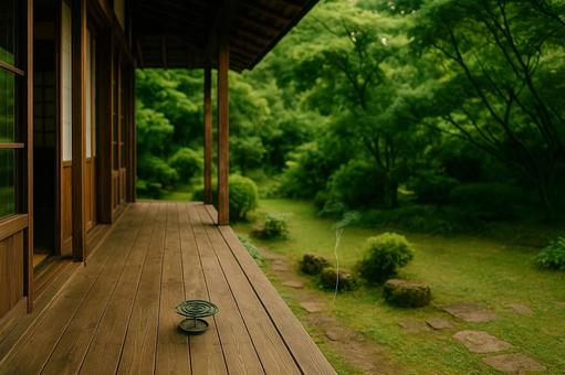 田舎の縁側と夏の庭風景 田舎の縁側と夏の庭風景の写真