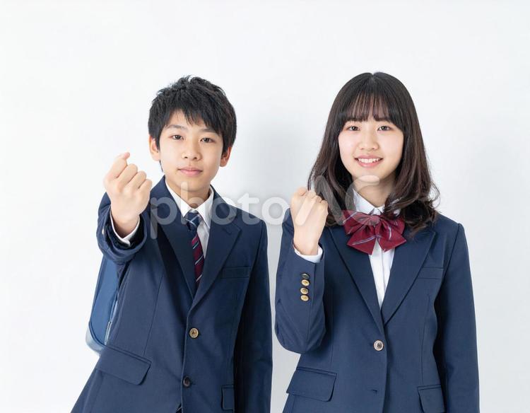 ガッツポーズする男子生徒と女子生徒 高校生,中学生,ガッツポーズの写真素材