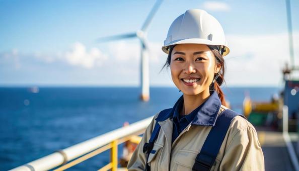 風力発電所で笑顔の作業服を着た若い女性 風力発電所で笑顔の作業服を着た若い女性の写真