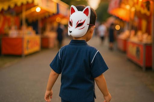 狐面をつけた子供と夏祭り・縁日・夕暮れ 狐面をつけた子供と夏祭り・縁日・夕暮れの写真