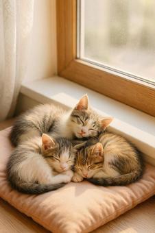 窓際で昼寝をする3匹の子猫の写真