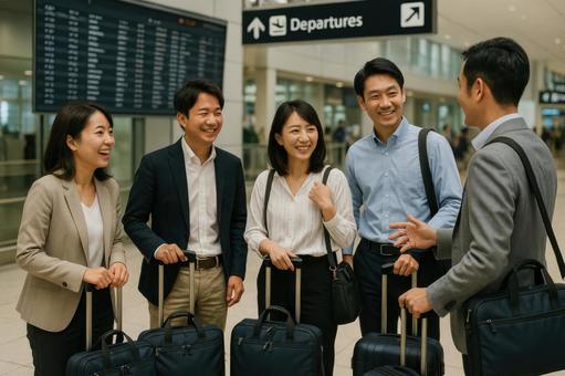空港ロビーで集合する社員旅行中のグループ 空港ロビーで集合する社員旅行中のグループの写真