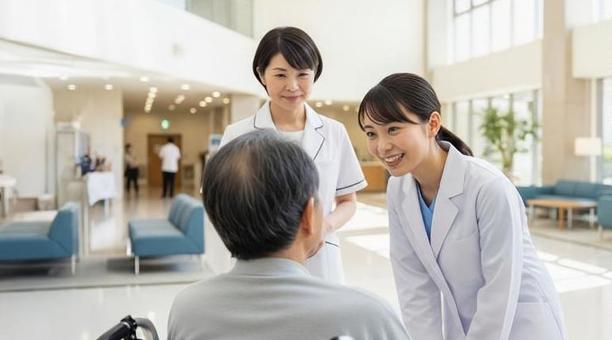 病院のロビーで患者に話しかける医師 病院のロビーで患者に話しかける医師の写真