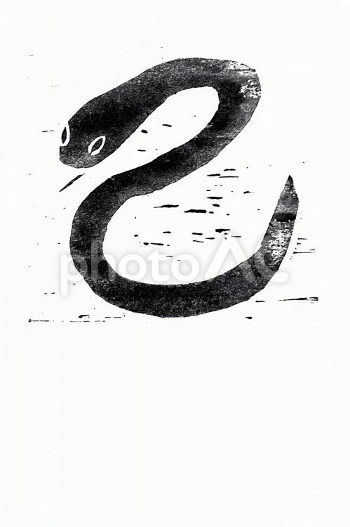 ヘビの版画(黒) へび,巳年,年賀状の写真素材
