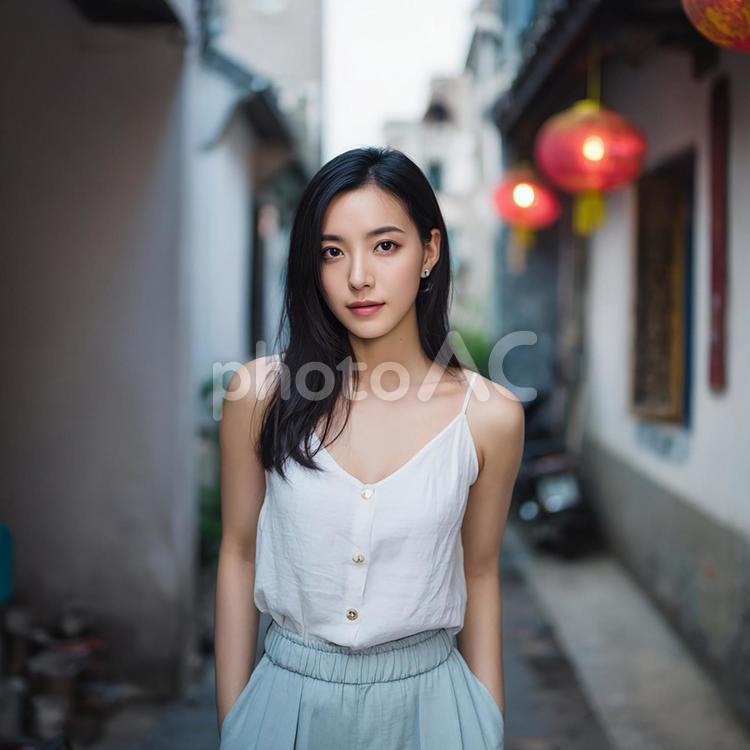 白いトップスと水色のスカートの女性 女性,アジア人,ポートレートの写真素材