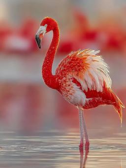 穏やかな水面に立つフラミンゴの美しい姿 穏やかな水面に立つフラミンゴの美しい姿の写真