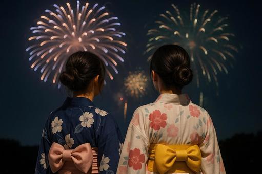 浴衣姿の姉妹が並んで花火を見上げる後ろ姿 浴衣姿の姉妹が並んで花火を見上げる後ろ姿の写真