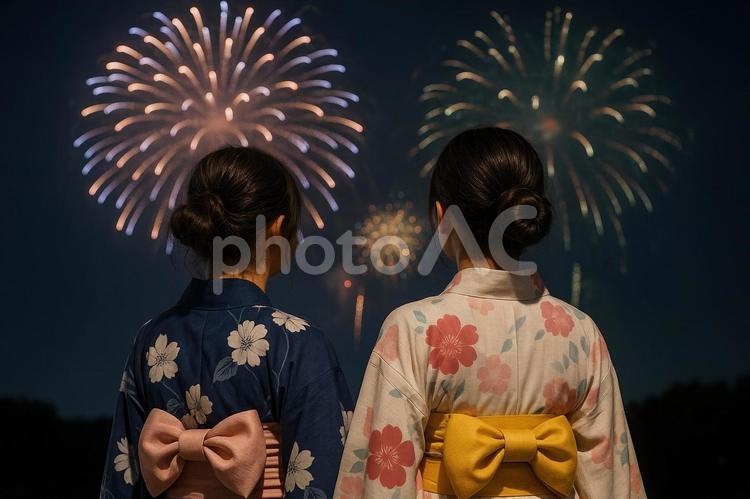 浴衣姿の姉妹が並んで花火を見上げる後ろ姿 浴衣,姉妹,花火の写真素材