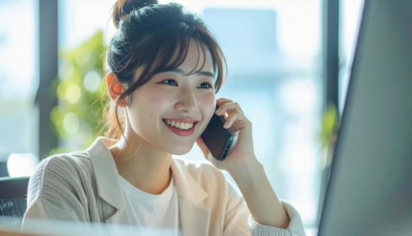笑顔の会社員女性 オフィス電話中 笑顔の会社員女性 オフィス電話中の写真