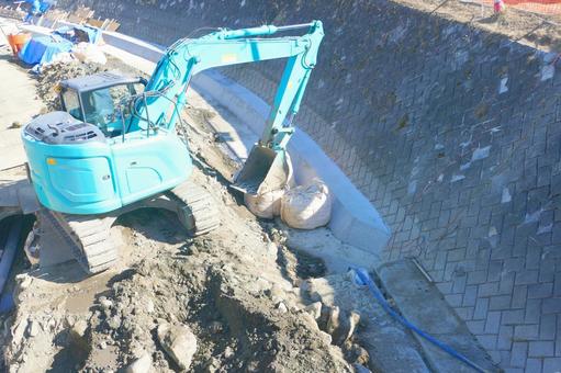 護岸工事 護岸工事 河川工事,バックホー,堤防の写真素材