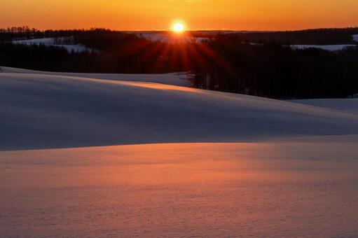 冬の牧場の夜明け 朝焼け,雪景色,雪原の写真素材