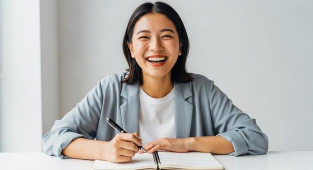 ノートを書きながら笑顔を見せる女性 ノートを書きながら笑顔を見せる女性の写真