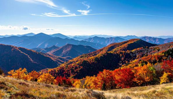 紅葉の山と黄金色に染まる朝日 紅葉の山と黄金色に染まる朝日の写真