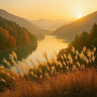 朝の湖と山の風景 朝の湖と山の風景の写真