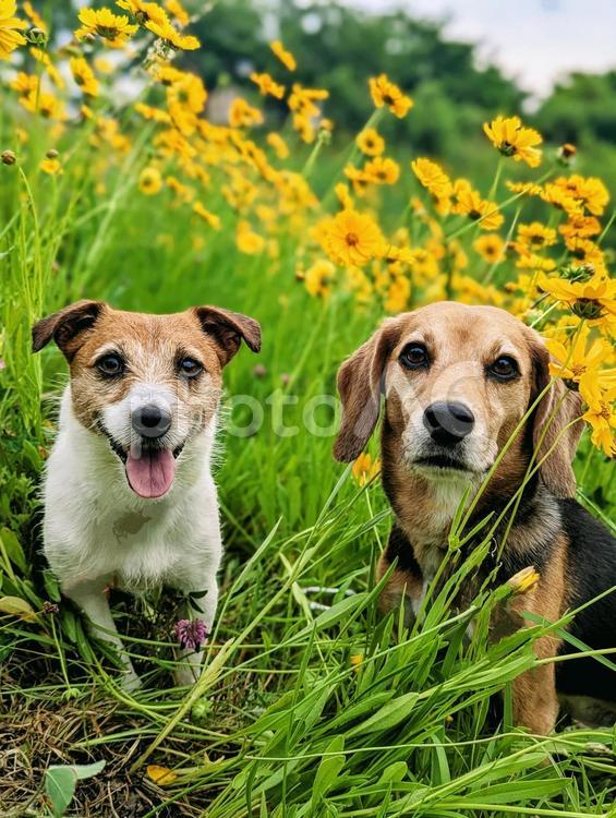 素敵なデートスポットに連れてきてくれたよ ビーグル,小型犬,犬の写真素材
