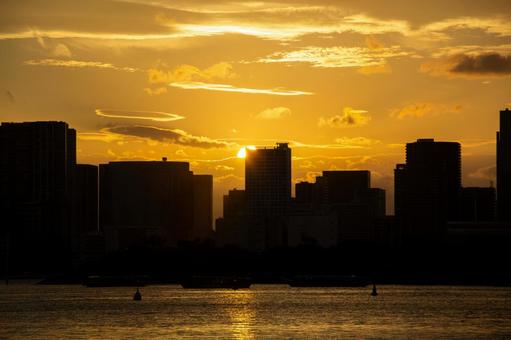 夕日に染まる東京のビル群シルエット 夕日に染まる東京のビル群シルエットの写真