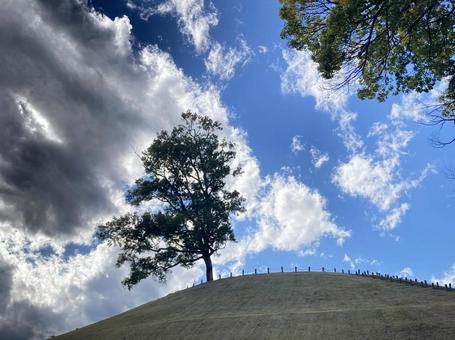 古墳の木 丘,古墳,空の写真素材