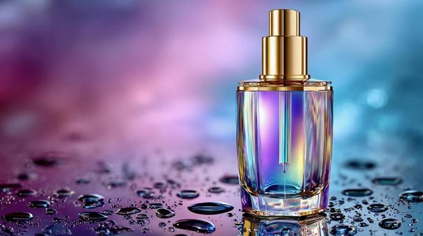 水滴に包まれた虹色ボトルの香水イメージの写真