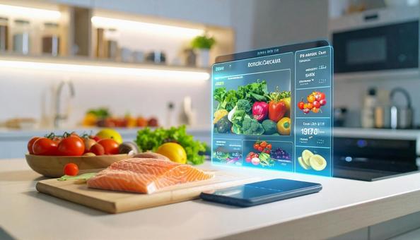 キッチンにホログラム　食材の接写の写真