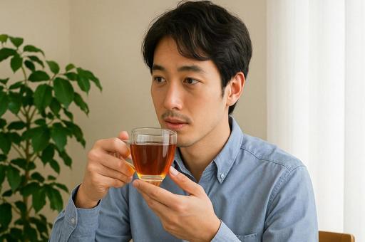紅茶を飲もうとする男性・ティータイムの写真
